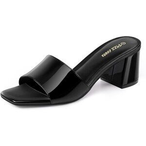 🆕Women's Black Pu Square Open Toe Heels Sandals Low Block Chunky Heeled Sandal